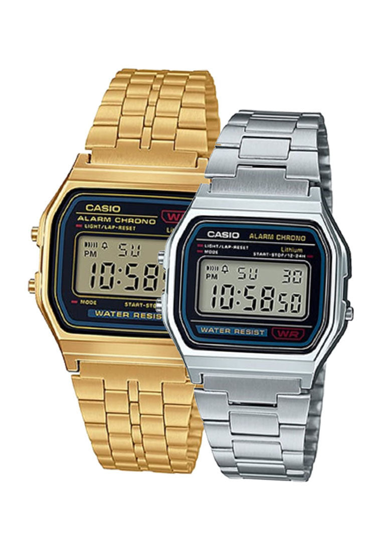 Casio Couple Watch COUPLE-A158-A159WG-1DF Digital Stainless Steel Strap Watch-Watch Portal Philippines