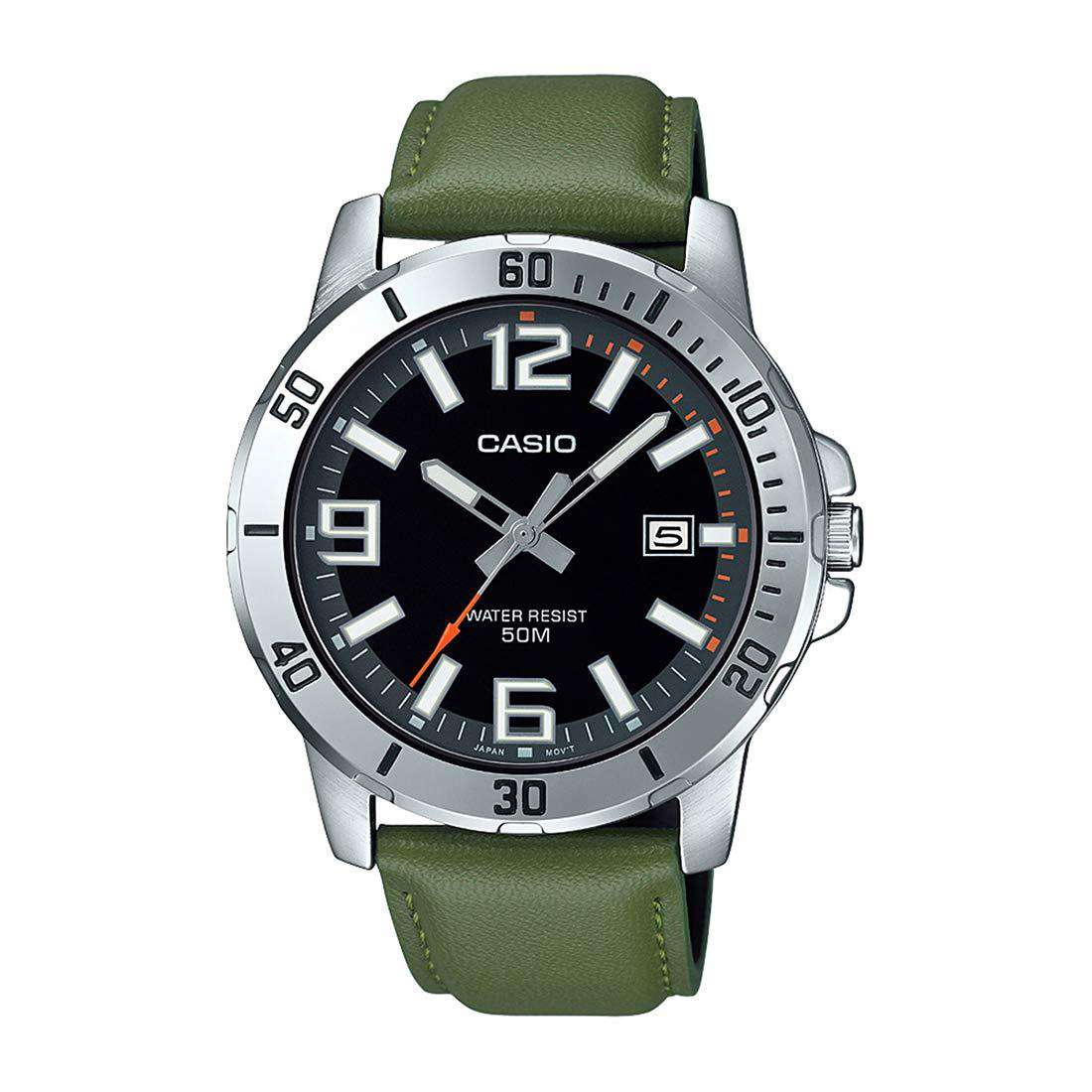 Casio MTP-VD01L-3BVUDF Army Green Leather Watch for Men-Watch Portal Philippines