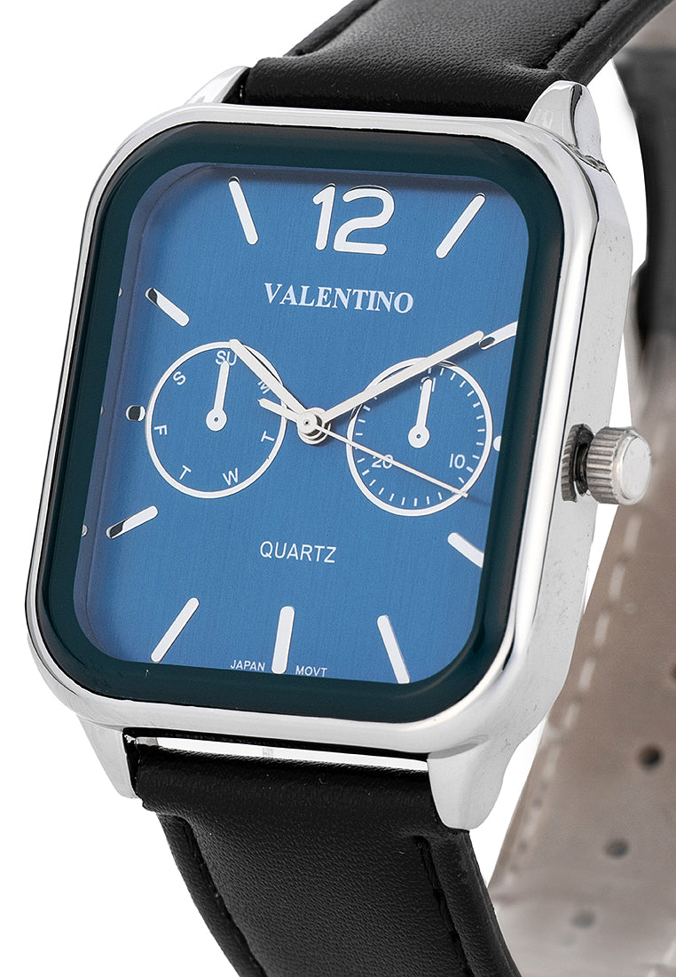 Valentino Leather Strap Analog Watch for Men 20122492-BLACK STRAP-BLUE DIAL-Watch Portal Philippines