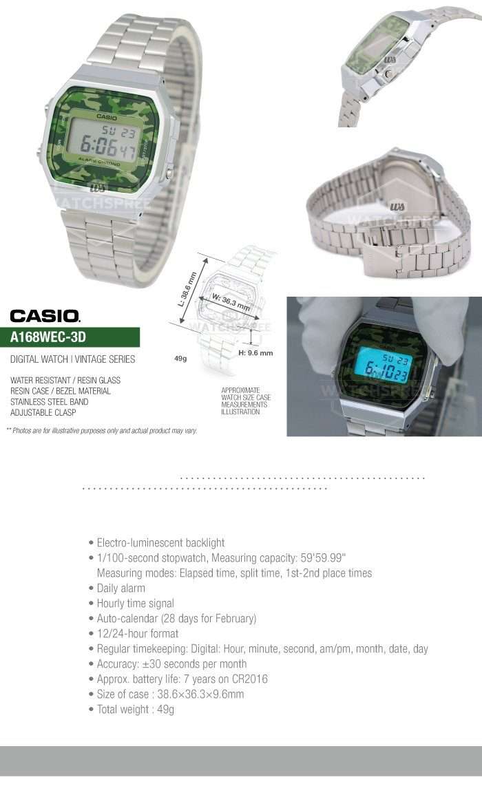 Casio A168WEC-3DF Silver Camouflage Stainless Watch for Men and Women-Watch Portal Philippines