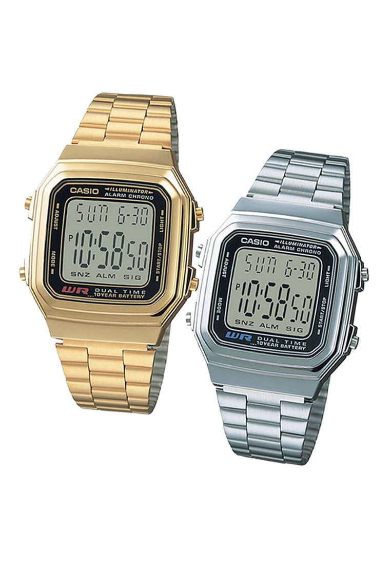 Casio Couple Watch COUPLE-A178-A178WG-1DF Digital Stainless Steel Strap Watch-Watch Portal Philippines