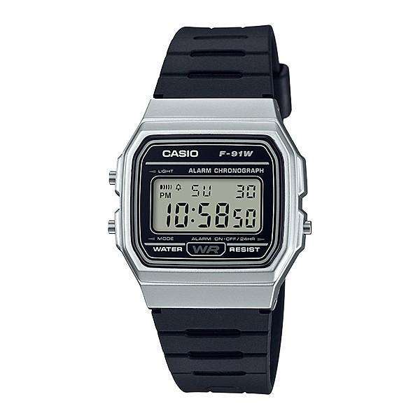 Casio F-91 Watch (Light Blue) on an Orange Nylon Strap