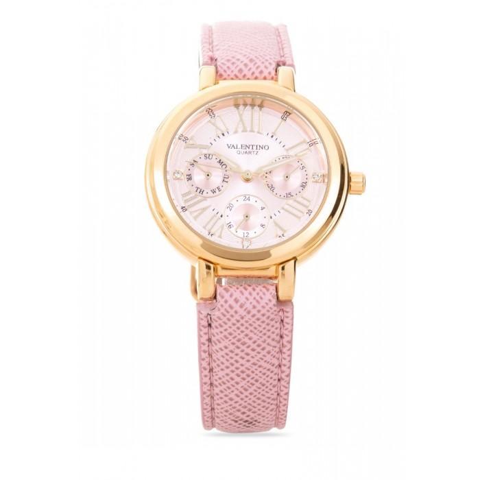 Valentino 20121923-Pink Dial Classic Shn IP Gold Leather Strap Watch For Women-Watch Portal Philippines