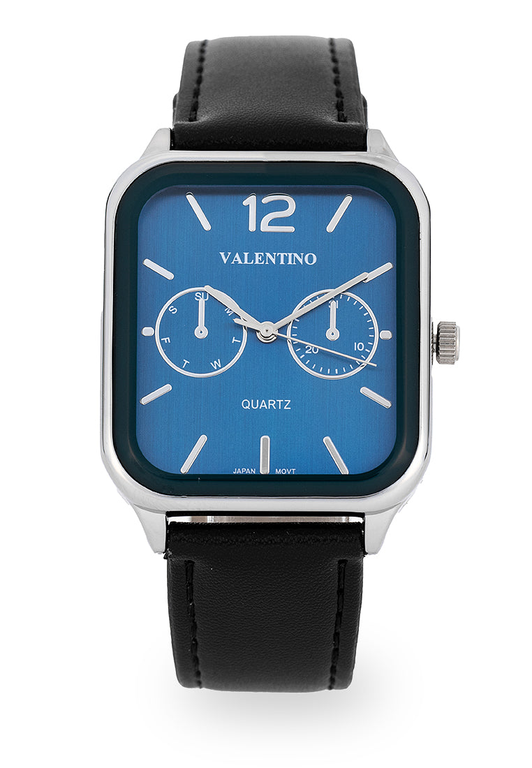 Valentino Leather Strap Analog Watch for Men 20122492-BLACK STRAP-BLUE DIAL-Watch Portal Philippines