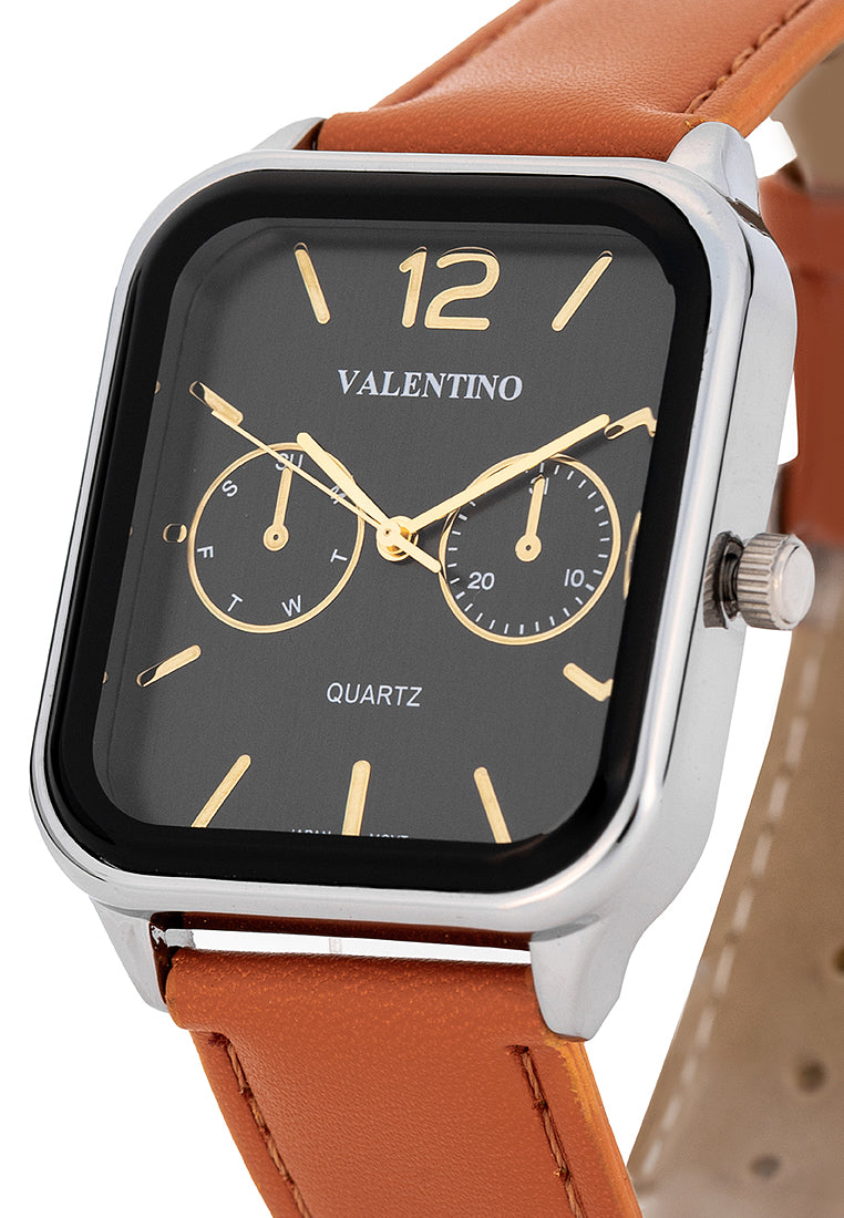 Valentino Leather Strap Analog Watch for Men 20122492-BROWN STRAP-BLK DIAL-Watch Portal Philippines