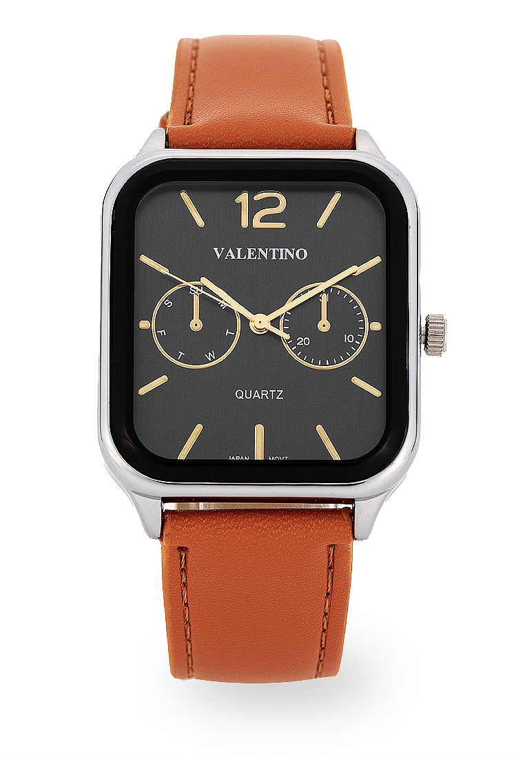 Valentino Leather Strap Analog Watch for Men 20122492-BROWN STRAP-BLK DIAL-Watch Portal Philippines